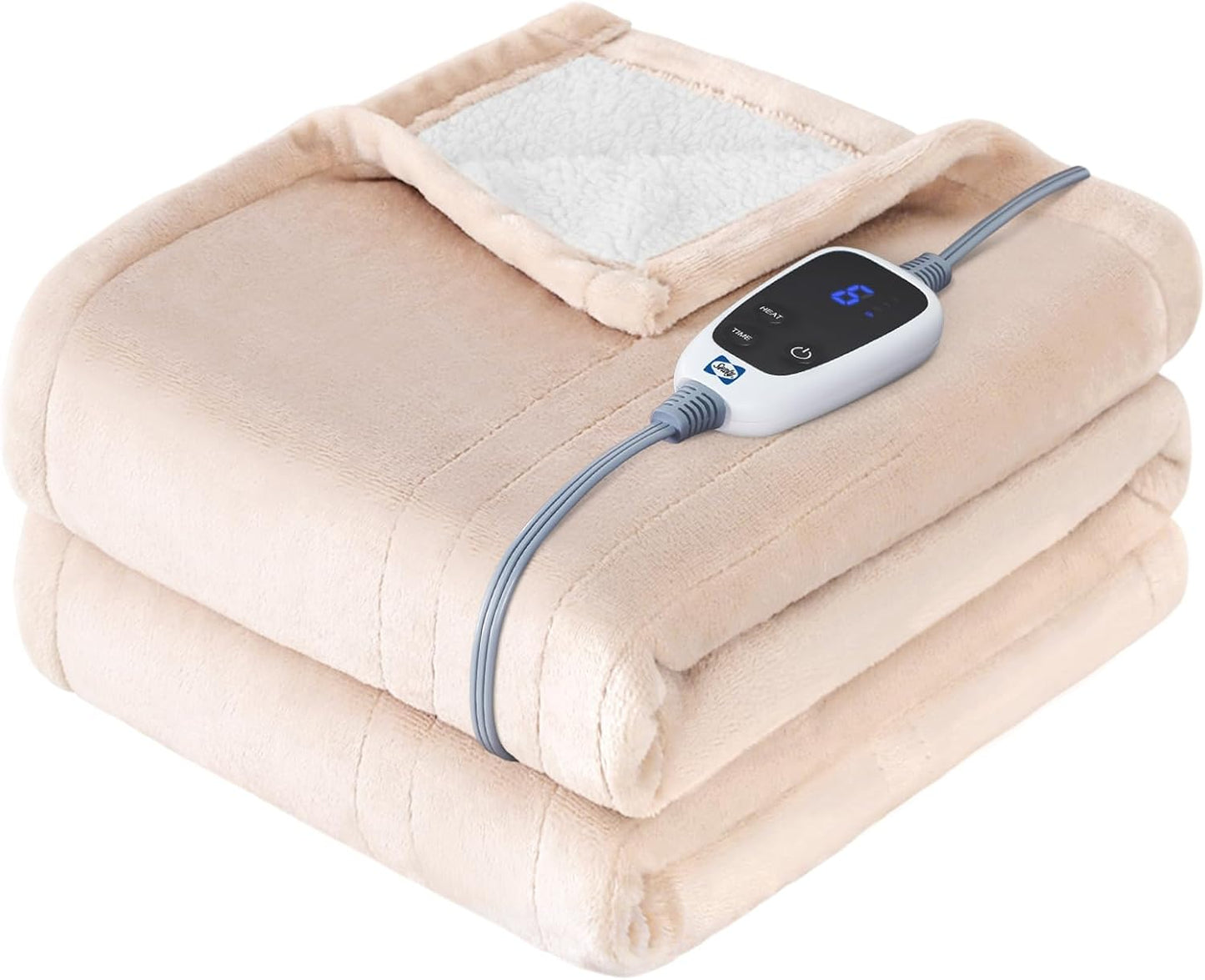 Sealy Electric Throw Blanket, Flannel & Sherpa Heated Throw with 6 Heating Levels & 2-10 Hours Auto Shut Off, Fast Heating & Machine Washable, 50x60 Inch, Light Grey
