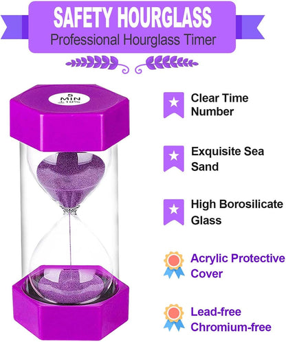 Sand Timers for Kids, 1/2/3/5/10/30 Minutes Acrylic Hourglass Sand Clock, Colorful Plastic Sand Watch Hour Glass Sandglass for Classroom, Games, Kitchen (Pack of 6)