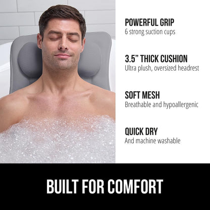 GORILLA GRIP Bath Pillow for Tub, 6 Strong Suction Cups, 4D Mesh FlexComfort Headrest for Neck, Head and Back Support, Luxury Machine Washable Pillows, Bathtub Accessories, Spa Gifts for Women, White