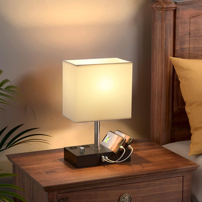 Kakanuo Fully Dimmable Nightstand Lamp for Bedroom with USB C Ports, Grey Small Bedside Table Lamp with Charging Outlets and Phone Stands, Wooden Desk Lamp for Living Room, LED Bulb Included