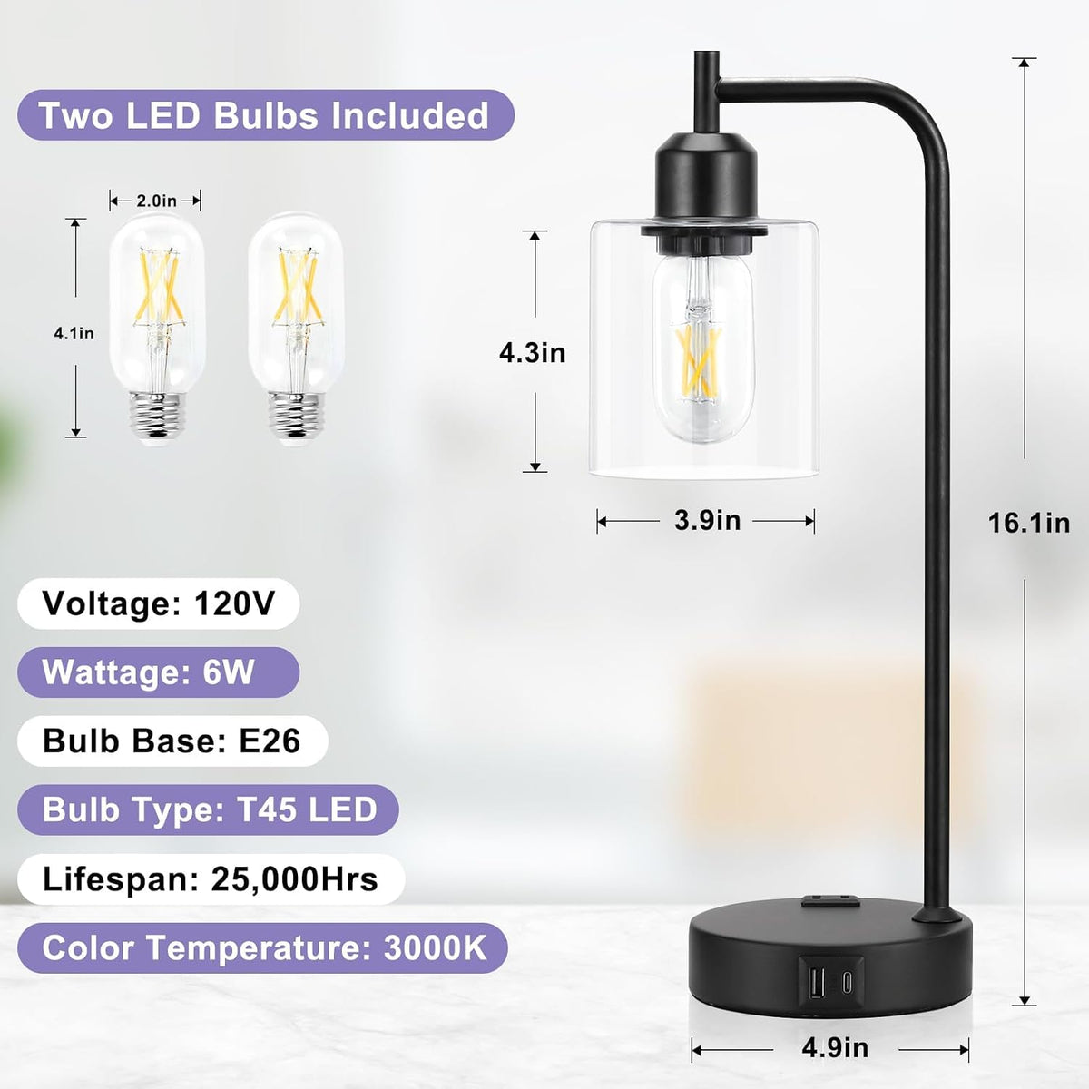Industrial Touch Lamps for Nightstand Set of 2, 3-Way Dimmable Bedside Lamp