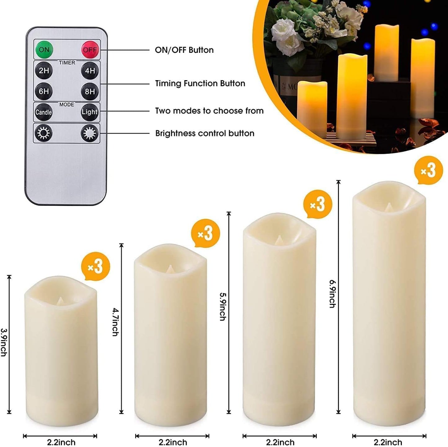 24 Pcs LED Flameless Candles with Remote, 3D Flickering Flame & LED String Lights, Acrylic Clear Cylinder, Timer Function, Romantic Ambience for Home Decor, Party, Wedding (Ivory).