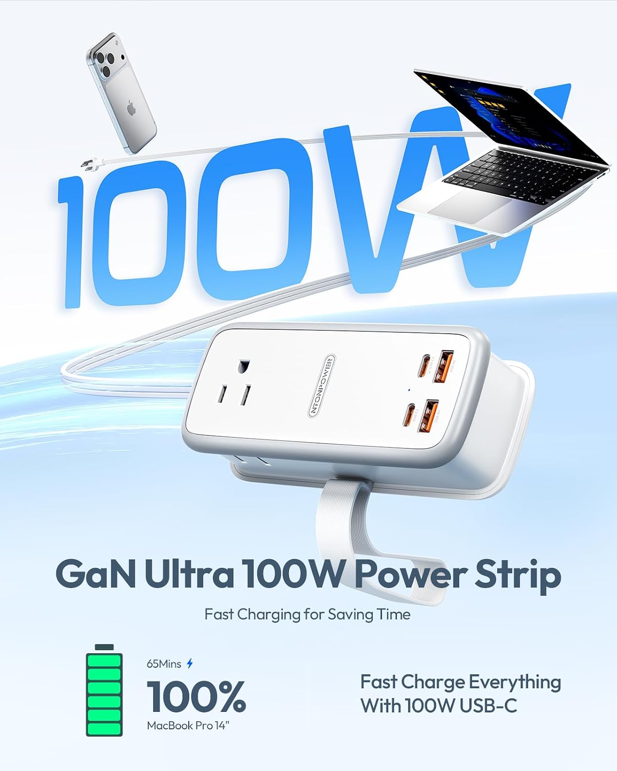 NTONPOWER GAN Ultra 65W USB Charging Station, 7 in 1 Travel Power Strip with 3 Outlets 4 USB (2 USB C), Extension Cord 4ft, Travel Essentials, Cruise Power Strip Compatible with MacBook, iPhone, White