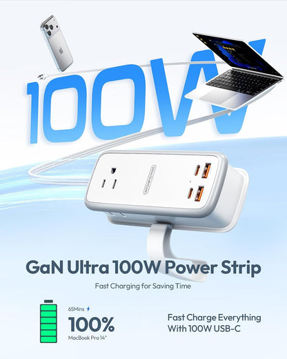 NTONPOWER GAN Ultra 65W USB Charging Station, 7 in 1 Travel Power Strip with 3 Outlets 4 USB (2 USB C), Extension Cord 4ft, Travel Essentials, Cruise Power Strip Compatible with MacBook, iPhone, White