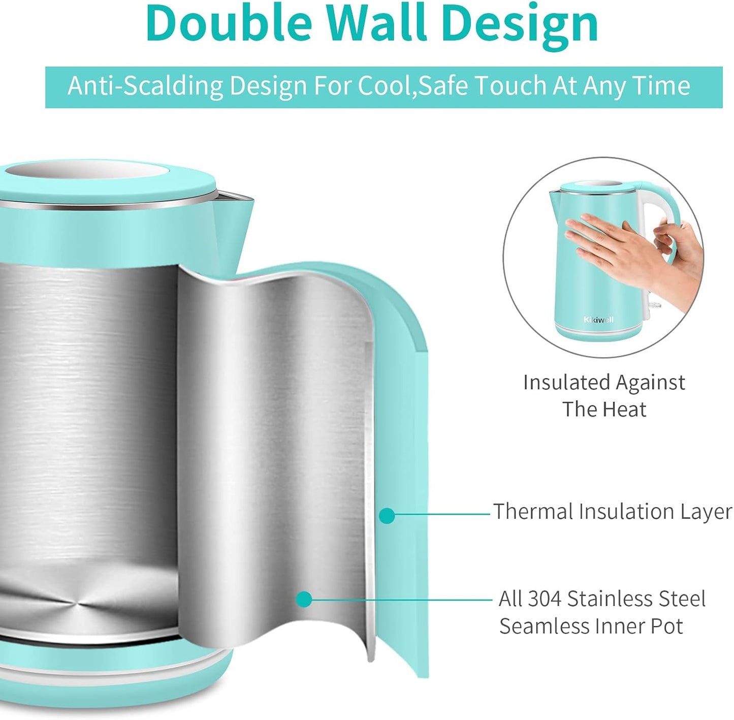 1.8L Blue Electric Kettles Stainless Steel, Double Wall