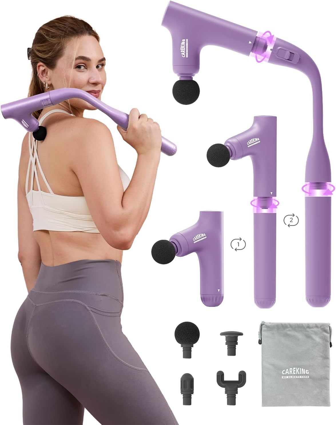 3-in-1 Detachable Massage Gun Deep Tissue, Ergonomic Extension Handle Back Massager for Pain Relief, Portable Percussion Muscle Massager for Shoulder, Thigh, Waist & Neck, FSA-HSA Eligible