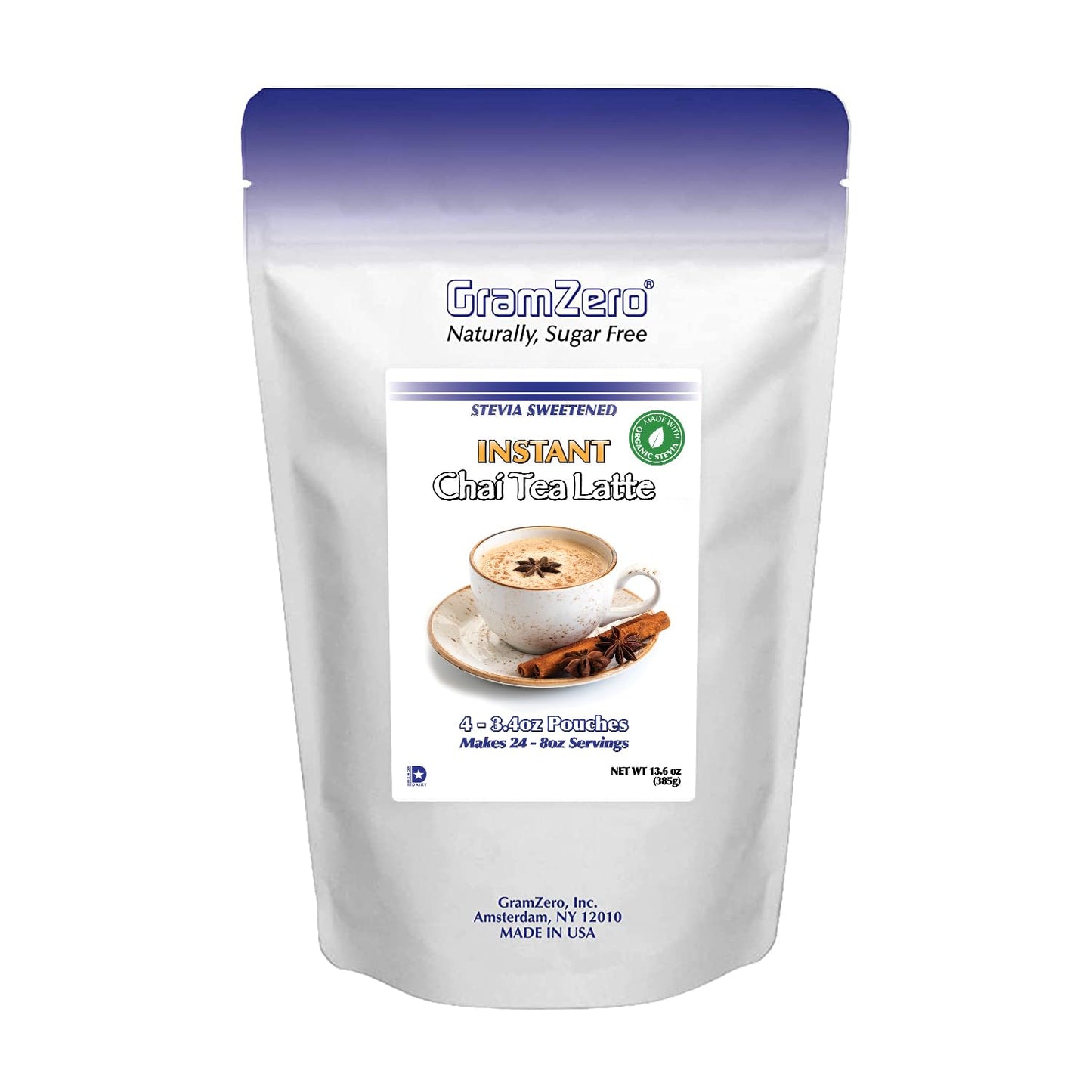 Gramzero Premium Chai Latte Powder Mix | Best Chai Drink Mix | No Sugar Added | Kosher | Stevia Sweetened | 20 Single Serve Packets | Each Packet Makes 8fl Oz Rich and Delicious Instant Chai Tea Latte