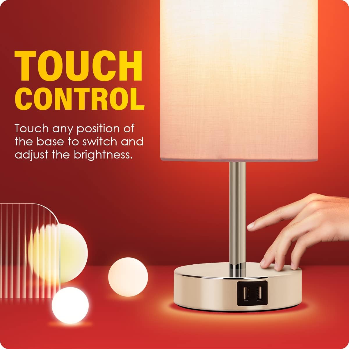 Yarra-Decor Bedside Table Lamp with USB Ports - Touch Control for Bedroom 3 Way Dimmable Nightstand Lamp with Round Fabric Shade for Living Room, Dorm, Home Office, Corded Electric, Without Battery