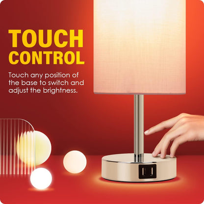 Yarra-Decor Bedside Table Lamp with USB Ports - Touch Control for Bedroom 3 Way Dimmable Nightstand Lamp with Round Fabric Shade for Living Room, Dorm, Home Office, Corded Electric, Without Battery