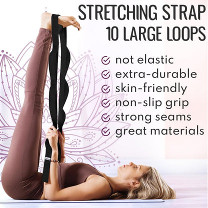 TECEUM Stretching Strap with 10 Loops for Physical Therapy & Rehab | Non-Elastic Yoga Stretch Band for Hamstring, Leg, Hip & Knee Rehab, Pilates, Flexibility & Mobility Exercises for Men & Women