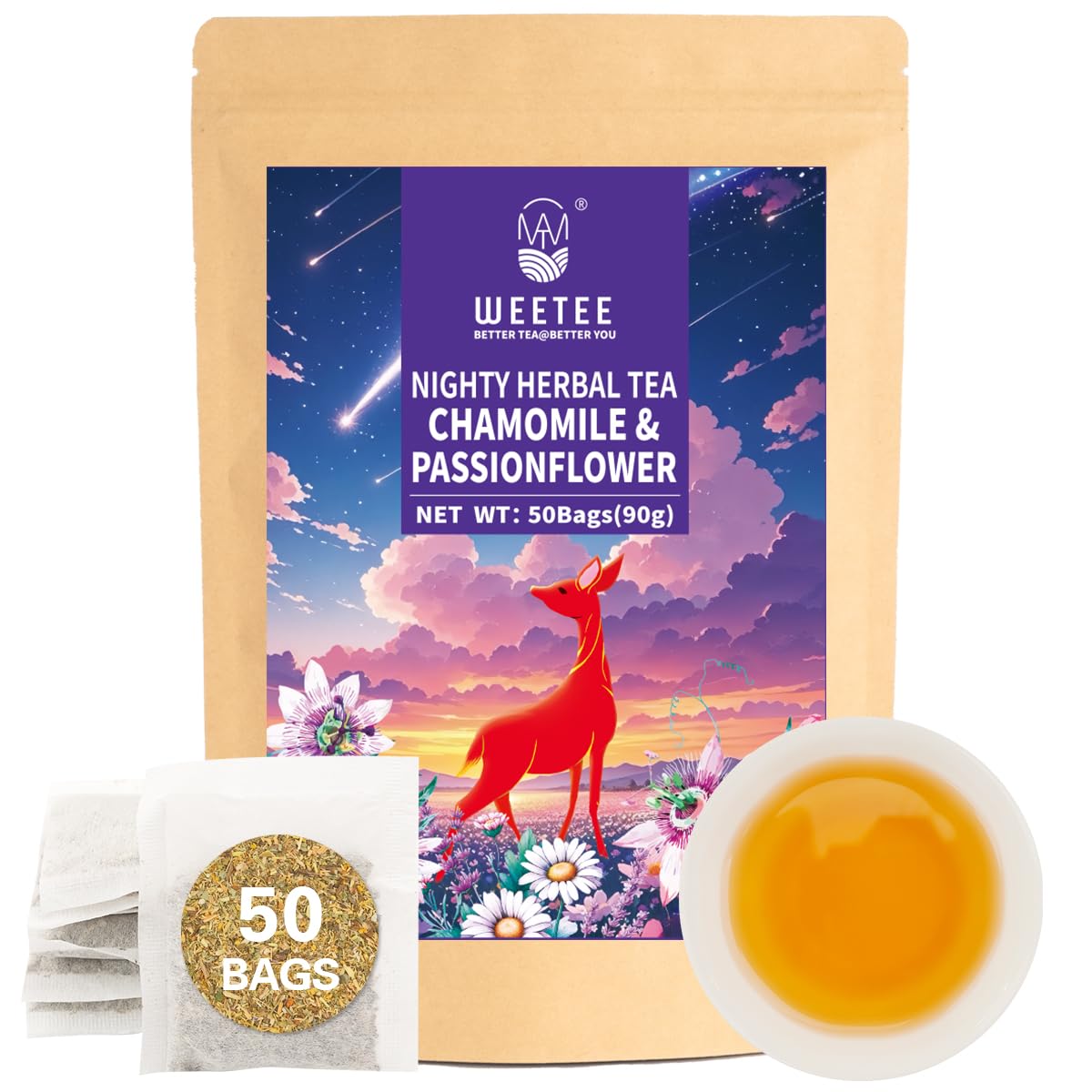 WT WEETEE Chamomile & Passionflower Nighty Herbal Tea Bags 50ct for Bedtime