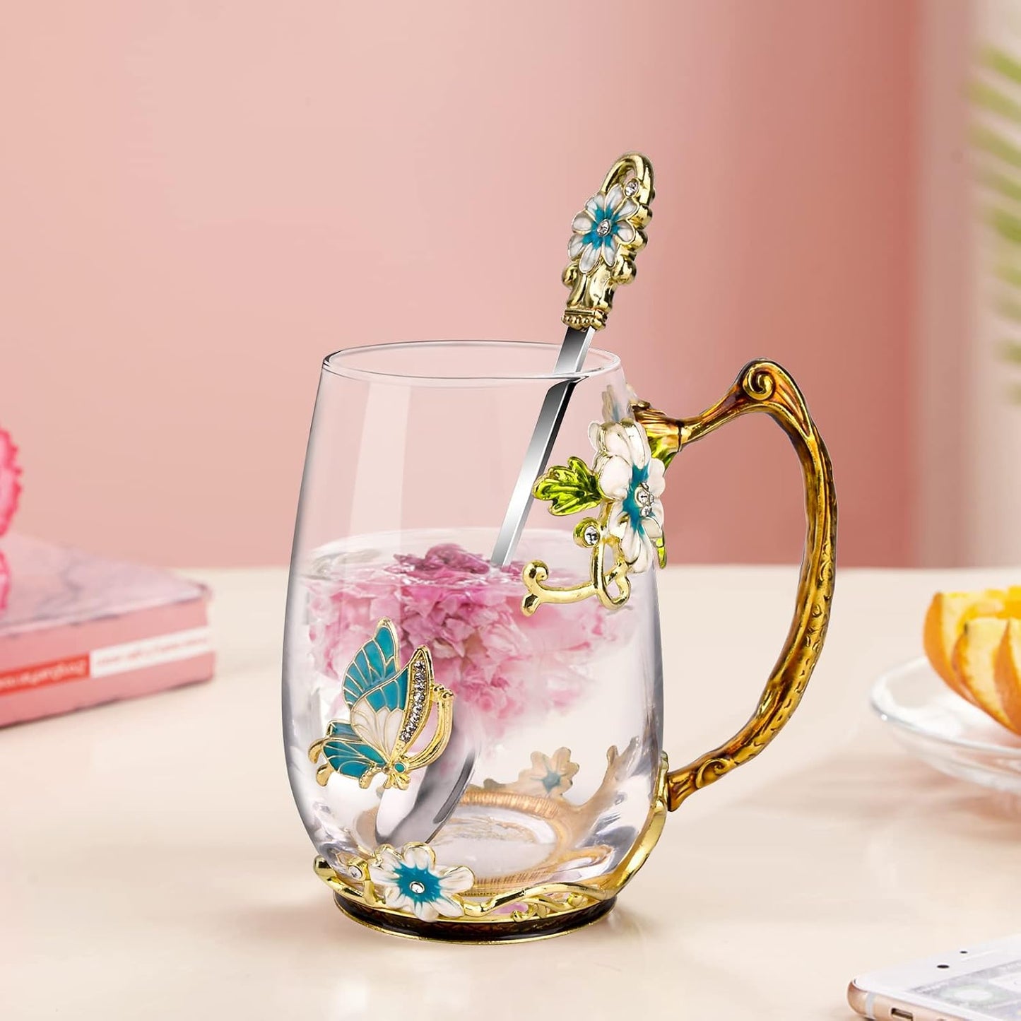 Enamel Glass Flower Tea Pot With Removable Loose Tea Leaf Infuser Tea Maker Teapot Set 30.4OZ Gifts for Women,Mom,Birthday
