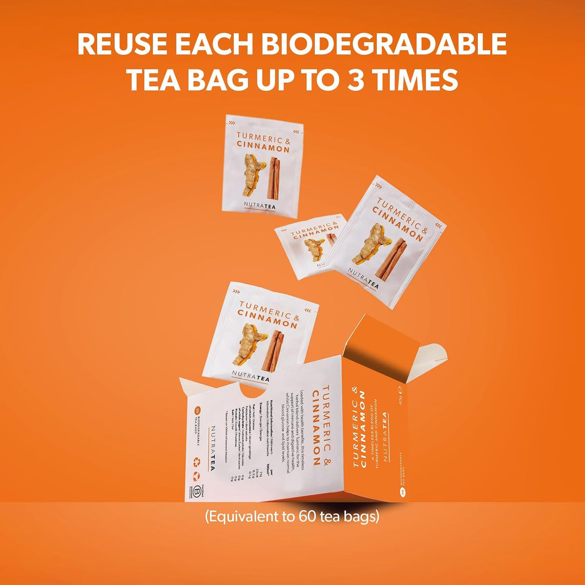Nutra Tea - Turmeric & Cinnamon Tea | Turmeric Tea - 20 Individually Wrapped, Reusable Teabags - Caffeine Free, All Natural Herbal Blend (1 Pack)