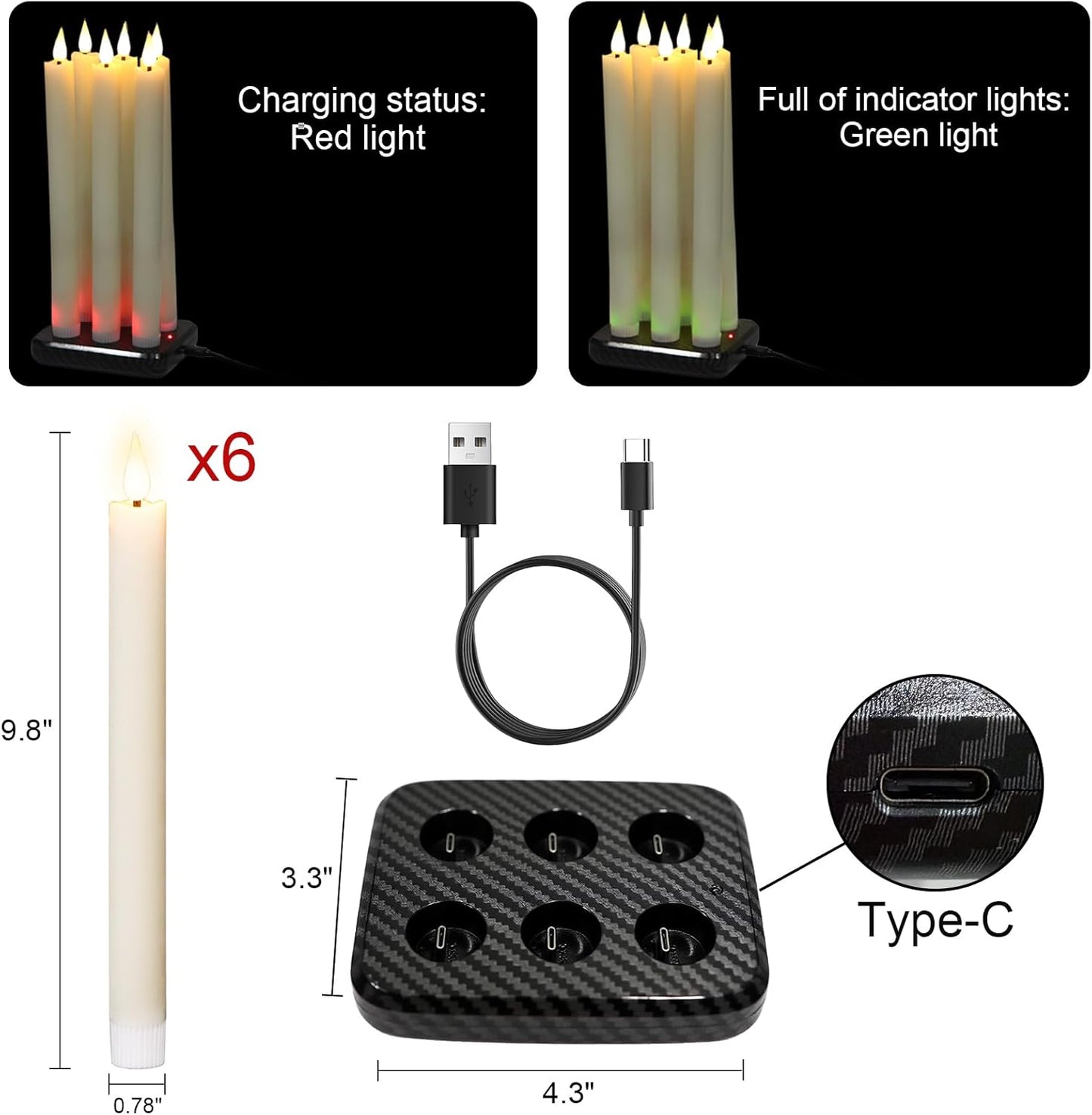 GenSwin Flameless Ivory Taper Candles Flickering with 10-Key Remote, Battery Operated Led Warm 3D Wick Light Window Candles Real Wax Pack of 6, Christmas Home Wedding Decor(0.78 X 9.64 Inch)