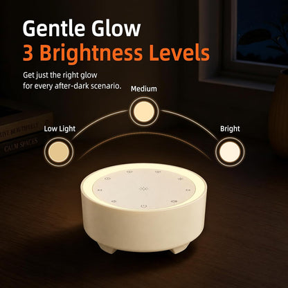 Kipcush White Noise Machine for Sleeping – High-Fidelity Non-Looping Sounds, Dimmable Night Light, USB Powered, Sleep Sound Machine for Baby, Kids & Adults (A - Model White+, Standard)