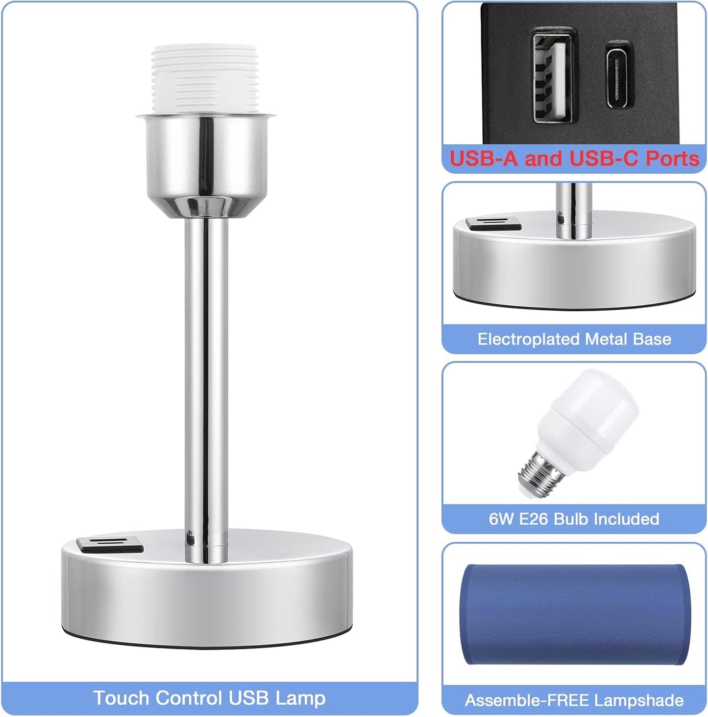 Dicoool Touch Table Lamp for Bedroom, 3 Way Dimmable Bedside Lamp with USB C & A Charging Ports - Small Desk Lamp for Dorm Room, College, Kids, Office, Living Room, White