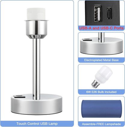 Dicoool Touch Table Lamp for Bedroom, 3 Way Dimmable Bedside Lamp with USB C & A Charging Ports - Small Desk Lamp for Dorm Room, College, Kids, Office, Living Room, White