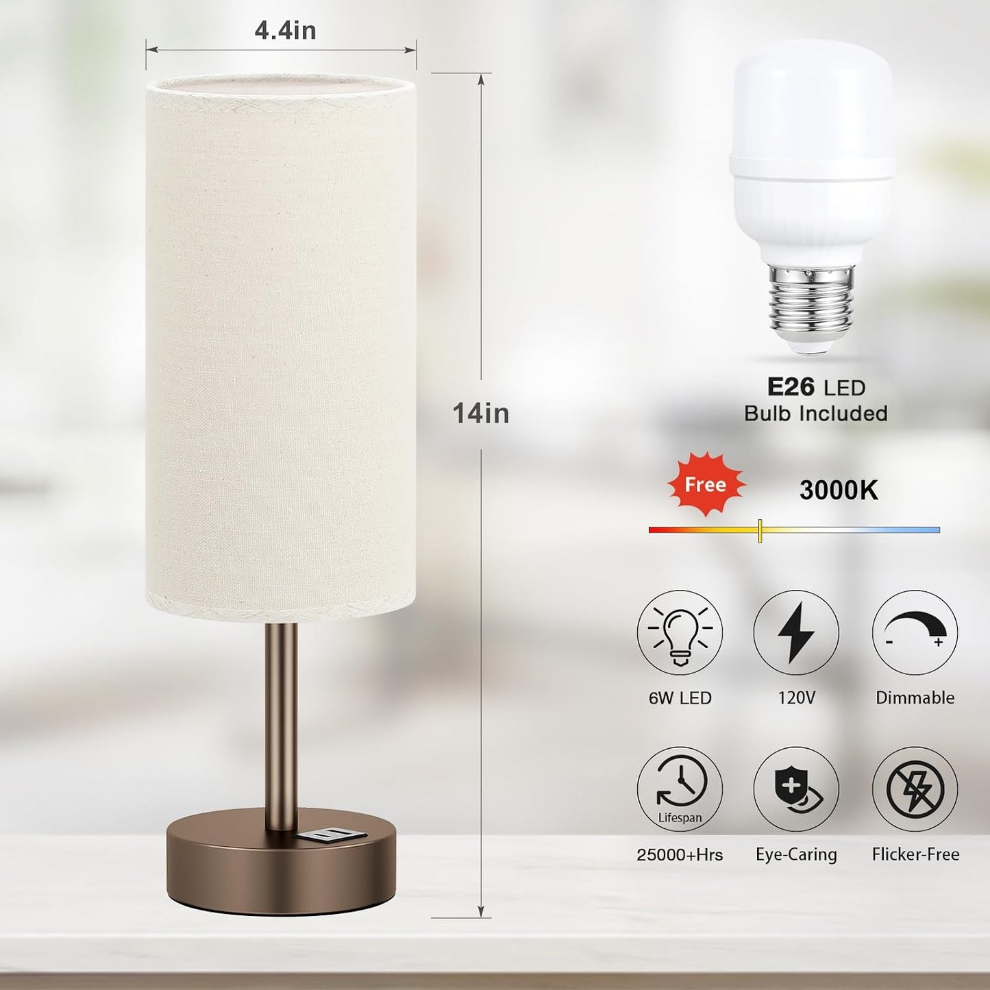 Dicoool Touch Bedside Table Lamp with USB - 3 Way Dimmable Wood Lamp for Bedroom Nightstand, Desk Lamp with Charging Station for Dorm, Living Room, Office, Kids Room, Small, 14in
