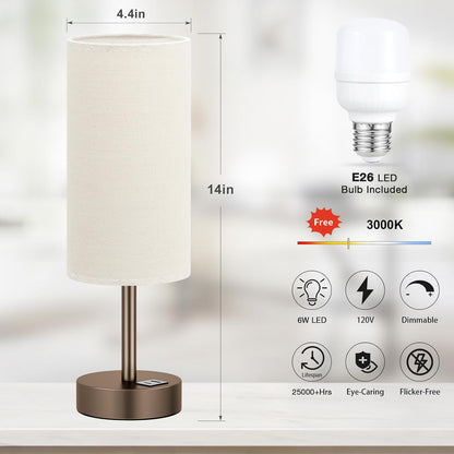 Dicoool Touch Bedside Table Lamp with USB - 3 Way Dimmable Wood Lamp for Bedroom Nightstand, Desk Lamp with Charging Station for Dorm, Living Room, Office, Kids Room, Small, 14in