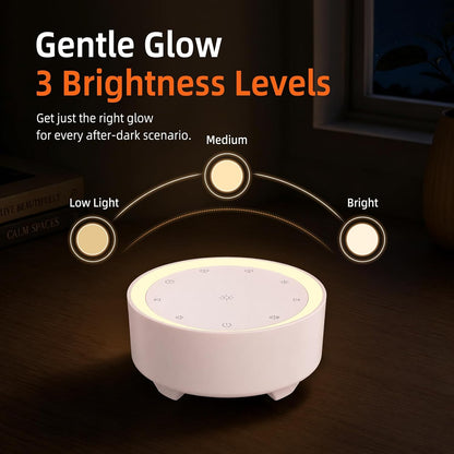 Kipcush White Noise Machine for Sleeping – High-Fidelity Non-Looping Sounds, Dimmable Night Light, USB Powered, Sleep Sound Machine for Baby, Kids & Adults (A - Model White+, Standard)