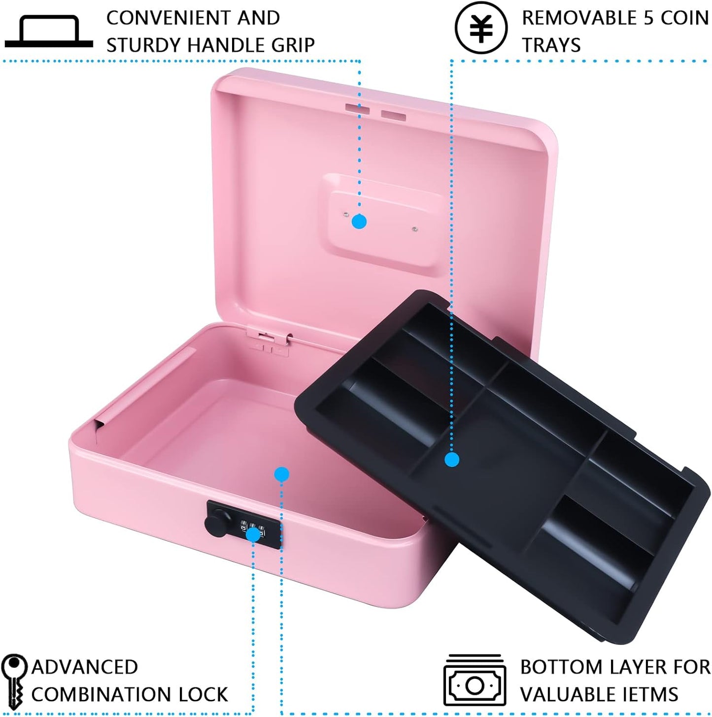 KYODOLED Cash Box with Combination Lock Safe Metal Money Box with Money Tray for Security Lock Box 7.87"x 6.30"x 3.35" Black