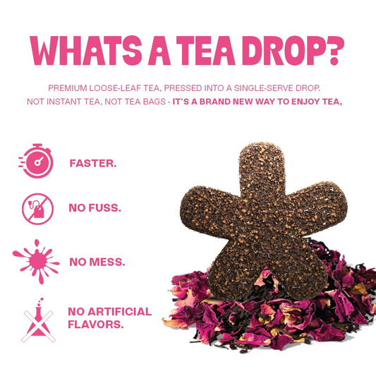 Tea Drops Rose Earl Grey Tea 2-Pack - 20 Bagless Organic Loose Leaf Tea Drops with Real Rose Petals, Microplastic-Free Caffeinated Black Tea, Iced or Hot