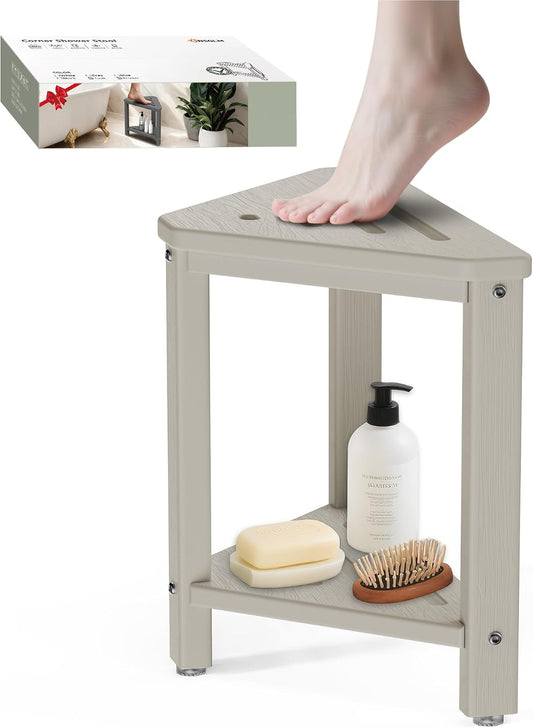 Shower Foot Rest 15in, HDPE Waterproof Shower Stool for Inside Shower, Corner Shower Stool for Shaving Legs with Storage Shelf for Small Space, Shower Step Stool, Plastic Corner Shower Bench, White
