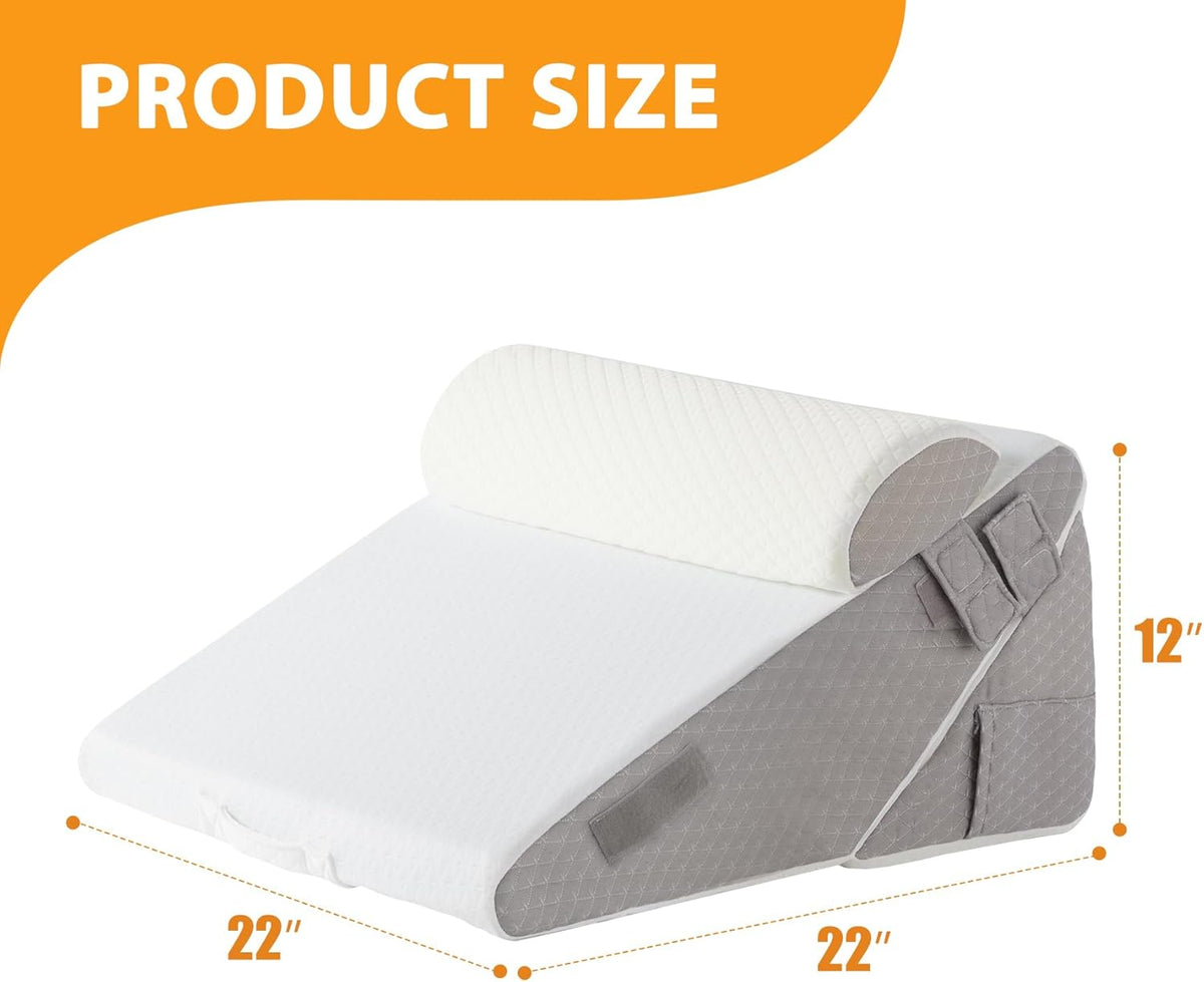Ruqmuis Wedge Pillow Set for After Surgery, 3PCS Adjustable 9&12 Inch Bed Wedge Pillow for Sleeping, Incline Pillow Wedge for Headboard, Post Surgery, Acid Reflux, Neck&Back Support, White/Grey