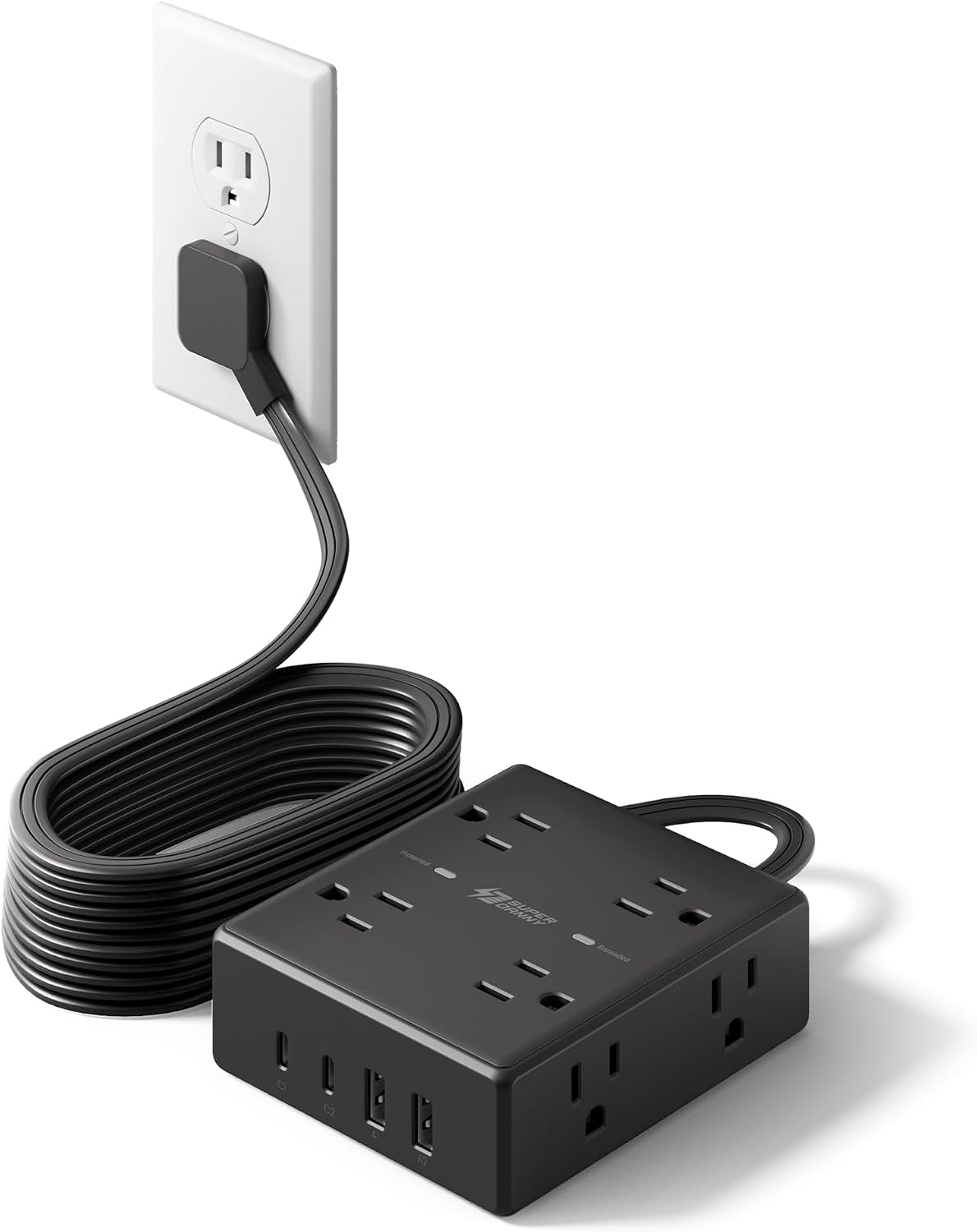 SUPERDANNY Extension Cord,Flat Plug Surge Protector Power Strip,10Ft