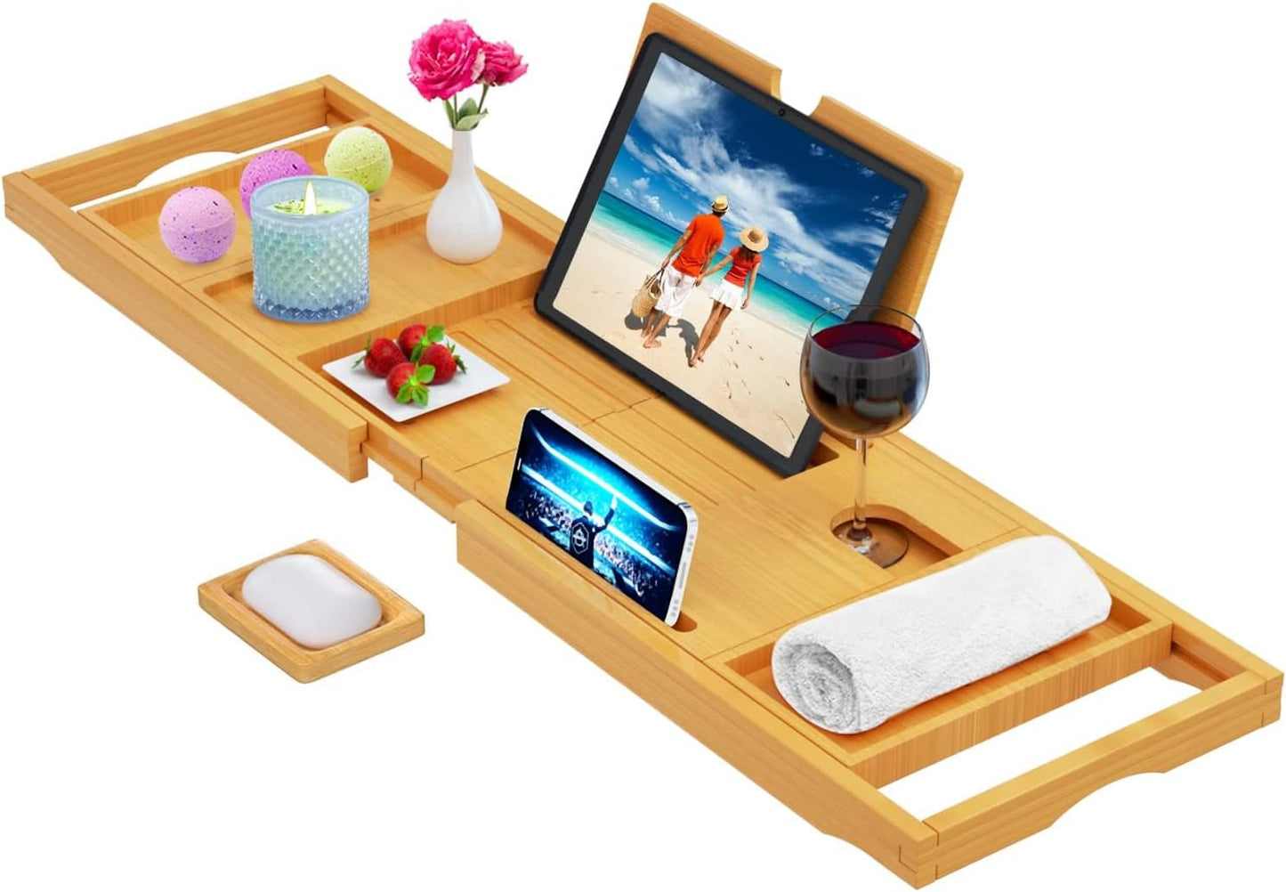 Premium Bamboo Bathtub Tray Caddy - Bath Tub Tray Table for Bathtub - Bath Caddy Tray for Bathtub, Expandable Size, Fits Most Bath Tubs