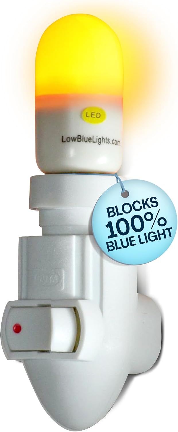 LowBlueLights Amber Night Light Plug in, 120V E12 Blue Light Free Bulb | 120V plug-in amber night light, blue light free, dim 0.5W E12 bulb for bedroom, nursery, bathroom, hallway