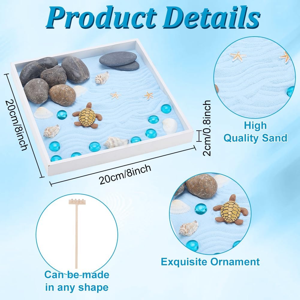 WEBEEDY Sea Turtle Zen Garden Kit for Desk Japanese Garden Kit,Mini Desktop Zen Decor with Wooden Tray,Sand,Tools for Home Office Relaxation Meditation Gift,Square(7.9x7.9/20x20cm)