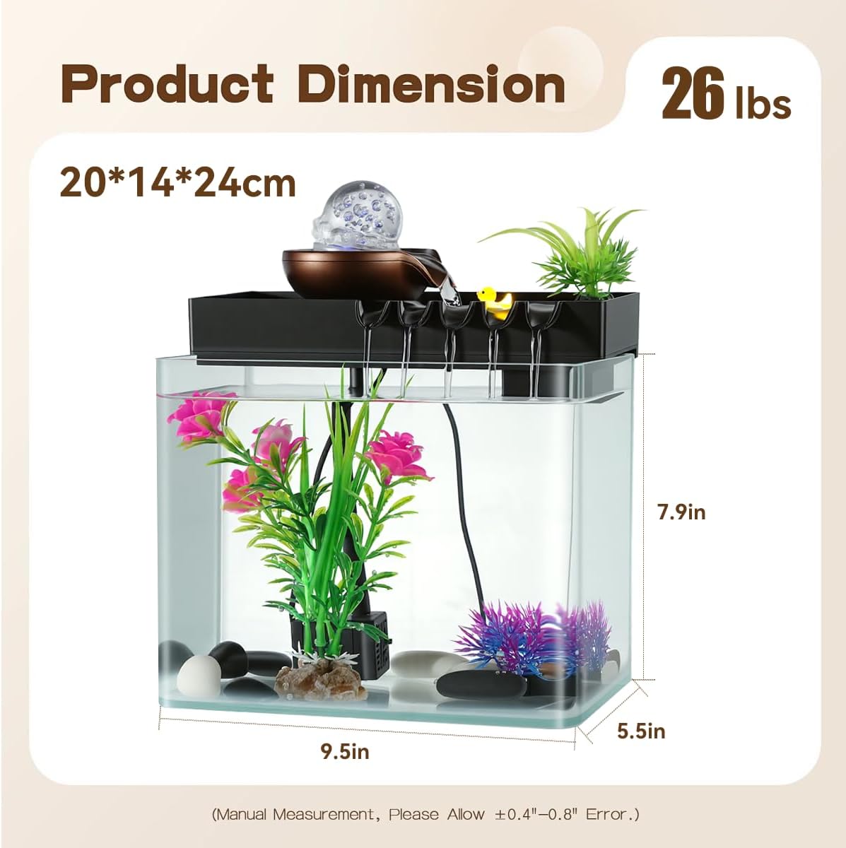 Indoor Water Fountain, 5-in-1 Tabletop Waterfall with Fish Tank & Mist Spray Humidifier, Desktop Fountain for Office Decor, Relaxing Small Water Feature for Bedroom Living Room Home