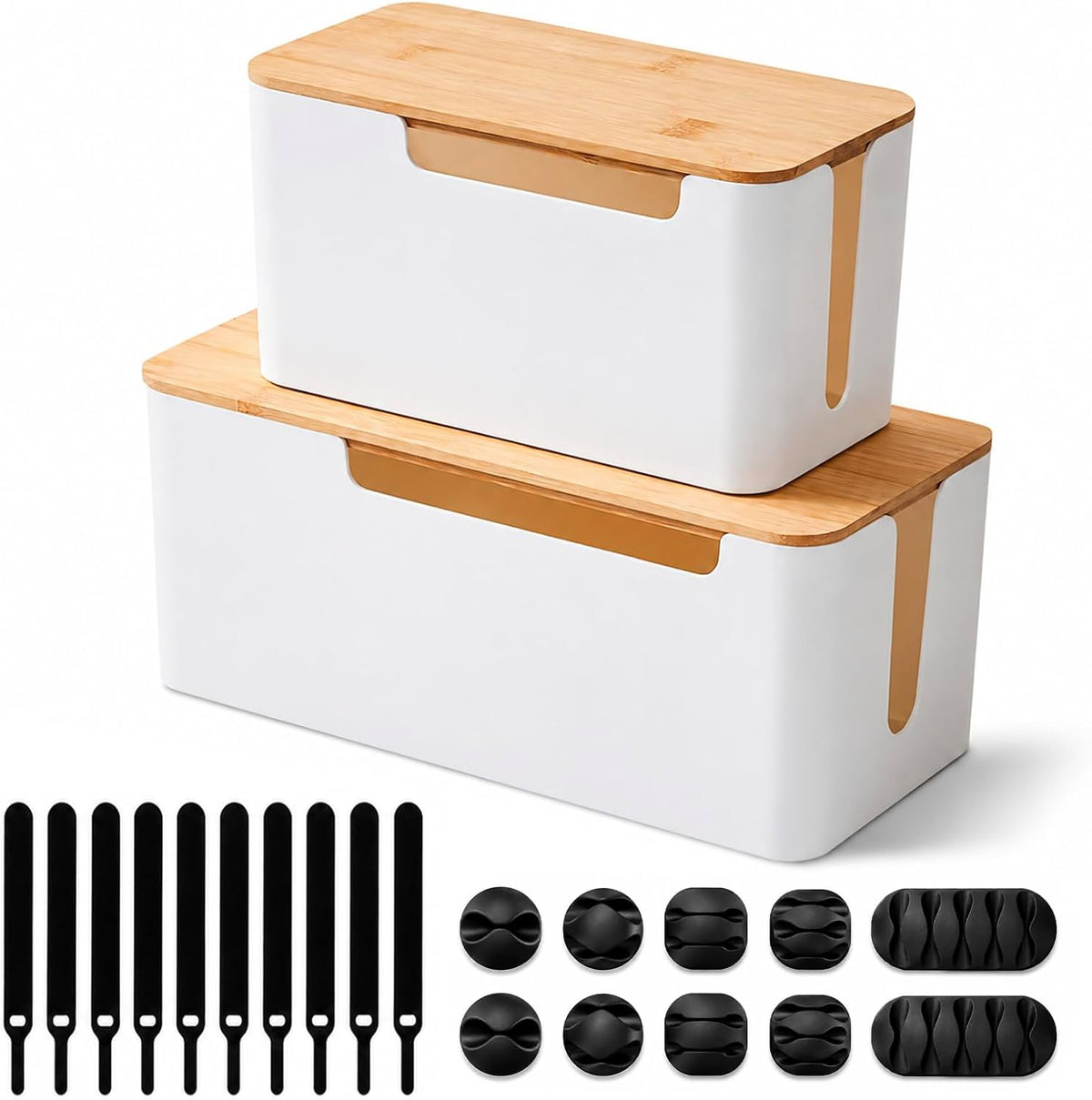[Set of 2] Wood Cover Cable Management Box Set, Wire Ties Included to Organize Desk Cord Cables, Hide TV Computer Wires, Power Strips, USB Hub to Make Your Home, Office Neat and Clean (White)