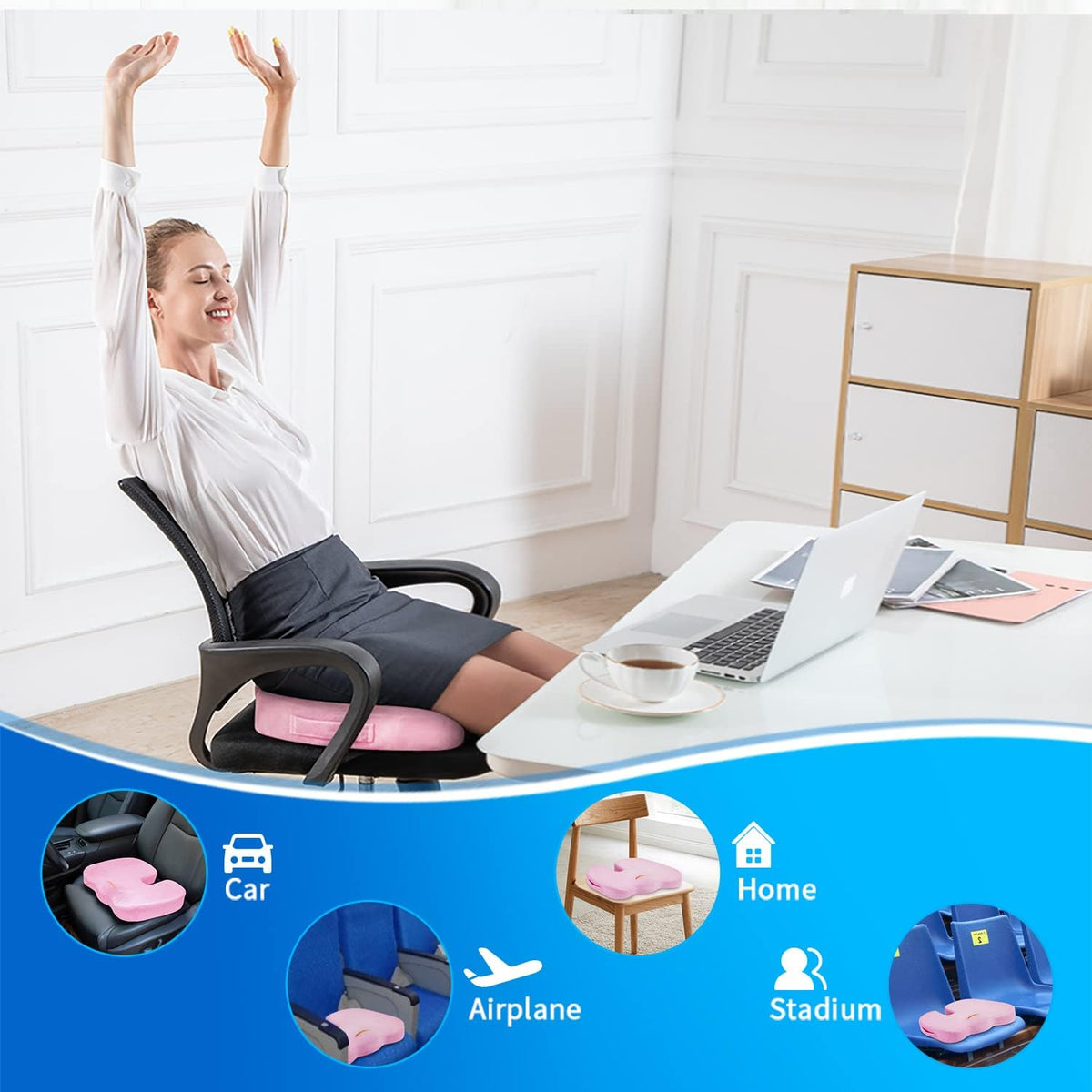 SAIREIDER Office Chair Cushion, Car Seat Cushion, Memory Foam Coccyx Cushion Pads for Tailbone Pain, Sciatica Relief Pillow, Correct Sitting Posture (Black)