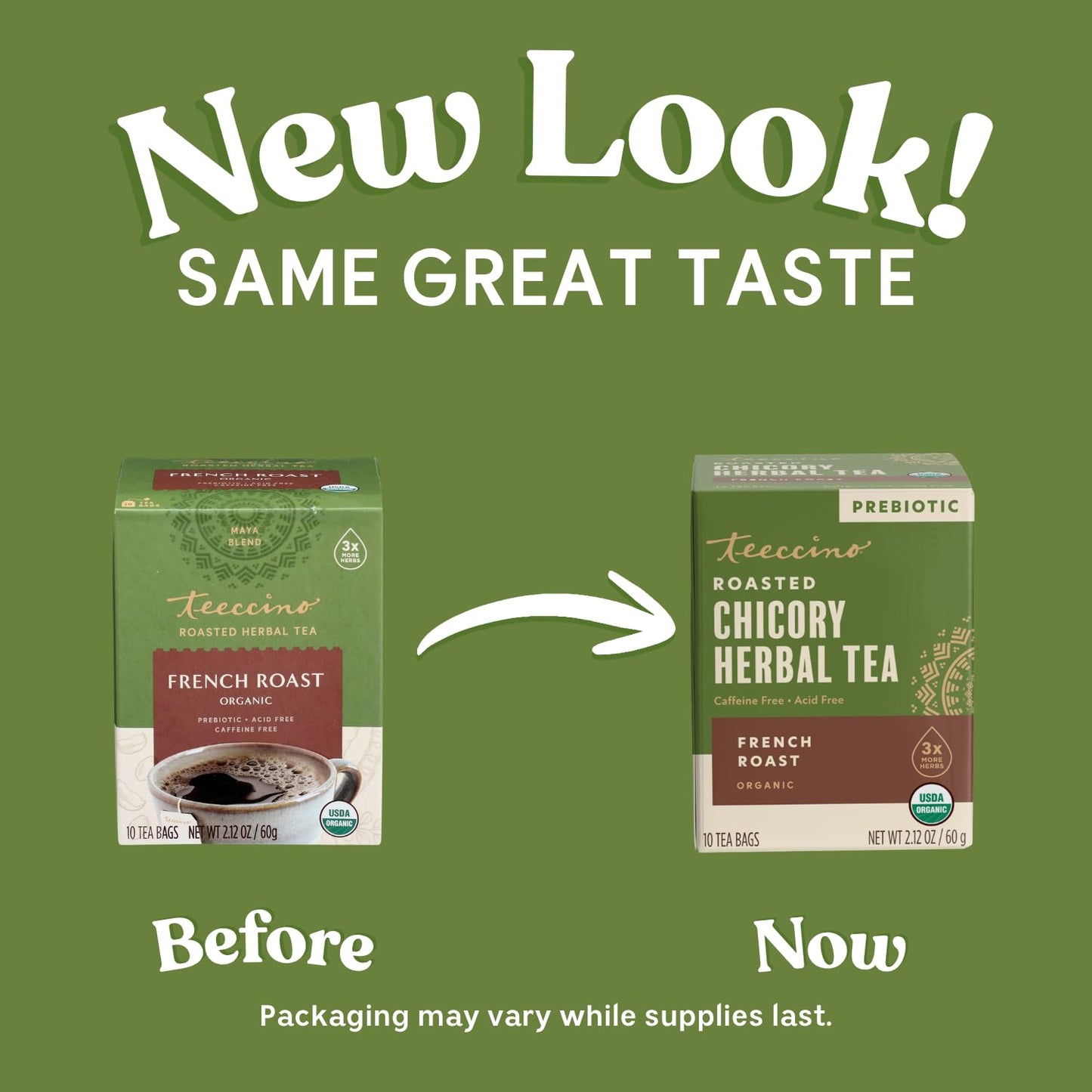 Teeccino Herbal Tea Sampler Assortment - 12 Tea Bags - Maca Chocolaté, French Roast, Hazelnut, Vanilla Nut - Roasted Caffeine Free Herbal Tea, Prebiotic for Natural Energy