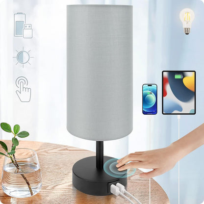 Yarra-Decor Bedside Table Lamp with USB Ports - Touch Control for Bedroom 3 Way Dimmable Nightstand Lamp with Round Fabric Shade for Living Room, Dorm, Home Office, Corded Electric, Without Battery