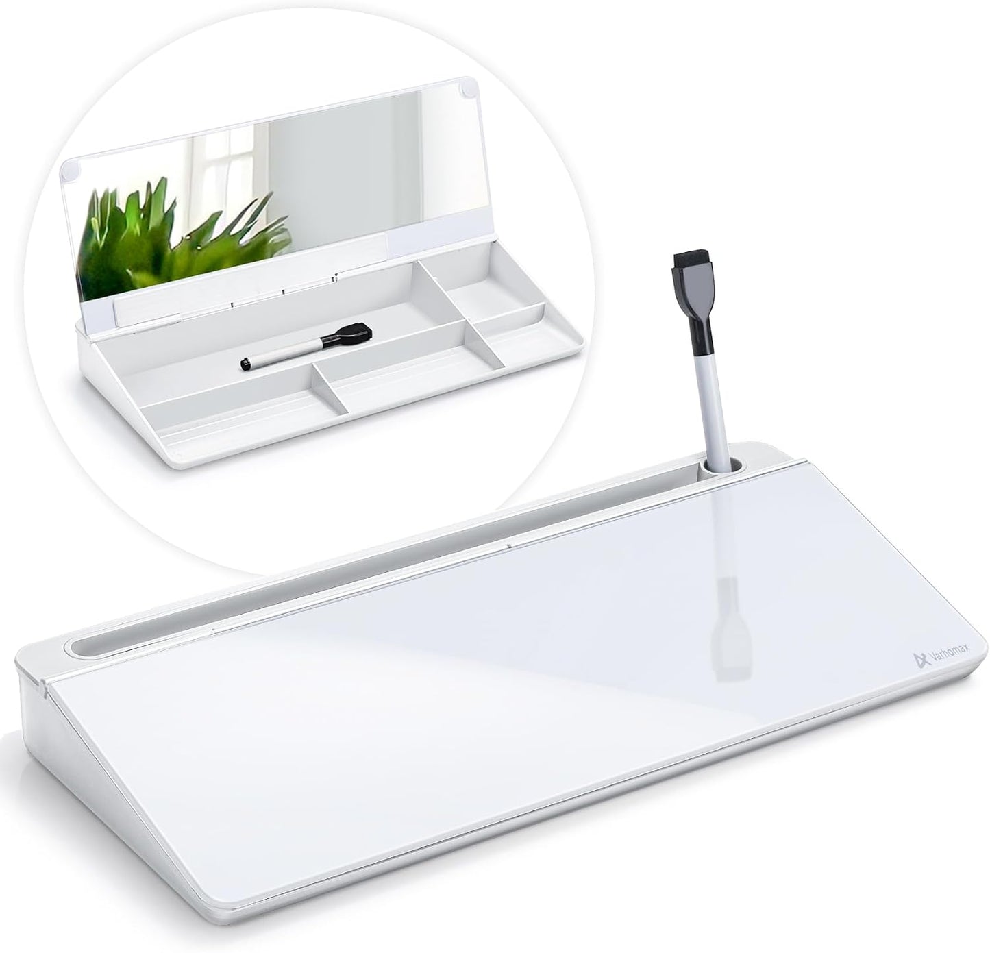 Varhomax Glass Weekly Dry Erase Desk White Board, Desktop to Do List Planner Whiteboard Calendar with Storage Caddy Memo for Home and Office, White