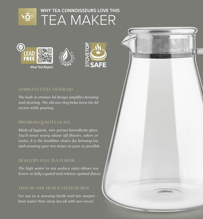 Teabloom One-Touch Tea Maker, 2-in-1 Teapot and Kettle with Stainless Steel Filter Lid for Loose Tea – Stain-Free Borosilicate Glass Teapot (27 Oz) – Tea Connoisseur's Choice