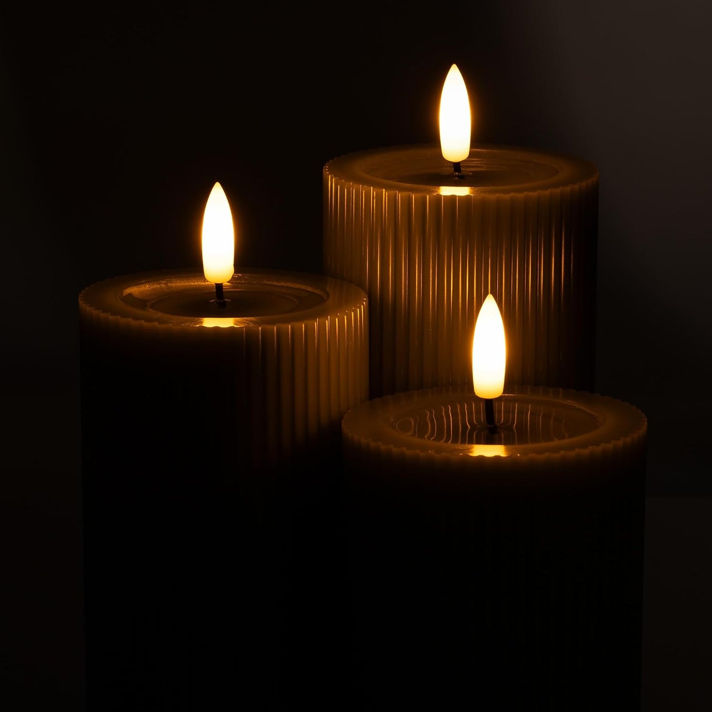 Ribbed Fluted Real Wax Flameless LED Pillar Candles, Loden Sage Olive Green, Melted-Wax Top Look, Flickering Flame, Battery Operated, Remote & Timer, Shelf & Wedding Decor (Set of 3)