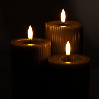 Ribbed Fluted Real Wax Flameless LED Pillar Candles, Loden Sage Olive Green, Melted-Wax Top Look, Flickering Flame, Battery Operated, Remote & Timer, Shelf & Wedding Decor (Set of 3)