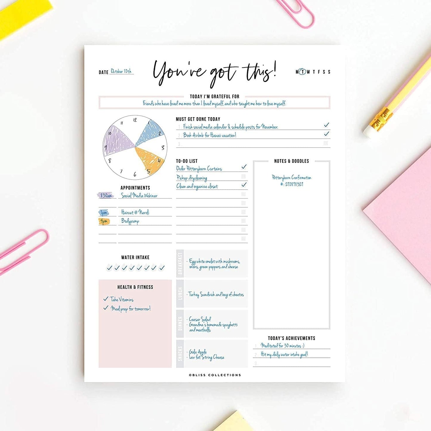 Bliss Collections Weekly Planning Pad, To Do List Notebook - Undated Tear-Off Sheets Notepad - Work Calendar, Organizer, Scheduler for Goals, Tasks - Minimalist, 8.5" x 11", 50 Sheets
