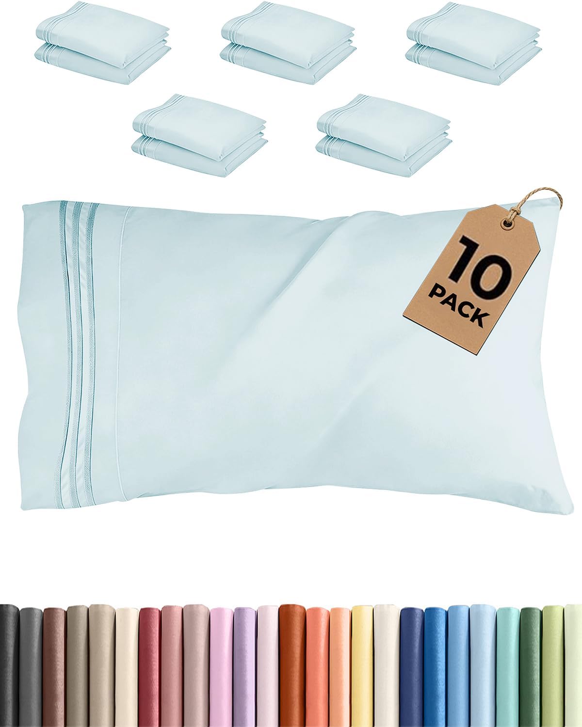 Standard Pillow Cases Set of 10 - Ultra Soft Hotel Quality Pillowcase Covers - Comfy, Cozy & Wrinkle Free - Shrink, Stain and Fade Resistant - Machine Washable Pillow Protectors - 10 Pcs Set - White - Colors B