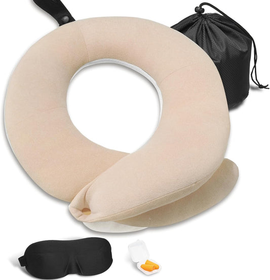 BUYUE Travel Neck Pillows for Airplanes, Memory Foam 360° Head Support Sleep for Long Flight, Skin-Friendly & Breathable, Kit with Eye Mask, Earplugs and Storage Bag (Adult, Grey, 90+ lbs)