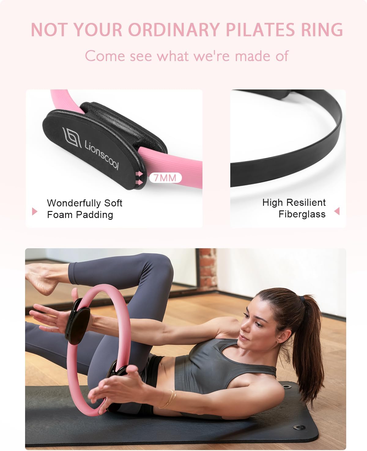 LIONSCOOL Pilates Ring Set – 14" Anti-Deformation Magic Circle with Padded Handles, Mini Ball, Resistance Bands, Guide & Bag