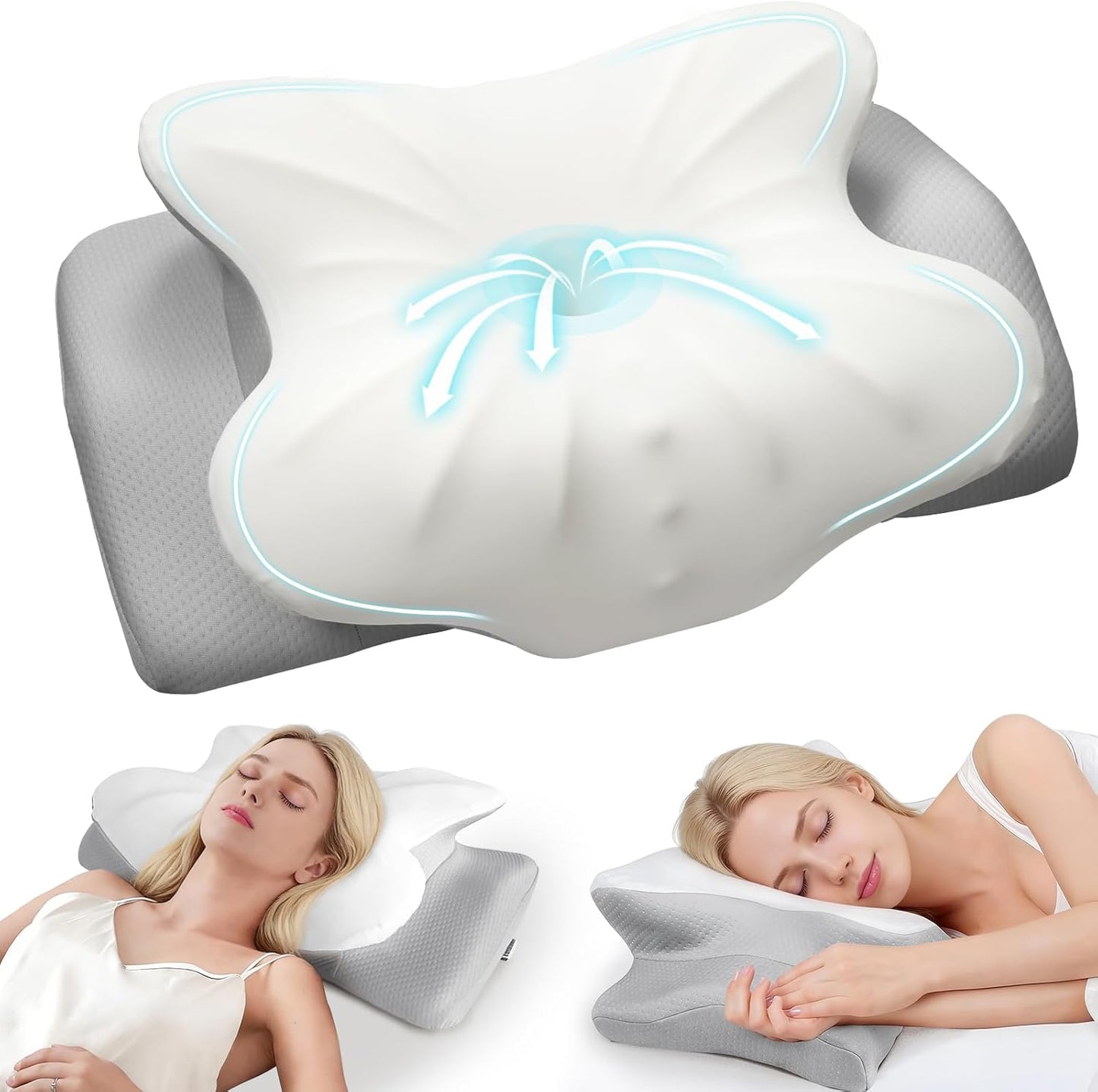 Cervical Pillow for Neck Pain Relief, Ergonomic Pillow for Side Sleeper, Memory Foam Neck Support for Back Stomach Sleepers, Cooling Breathable Orthopedic Contour Pillows for Sleep Apnea Snore, White