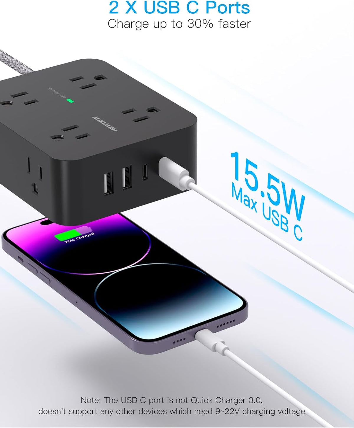 HANYCONY Surge Protector Power Strip, 1080J, 5 Ft Braided Extension Cord
