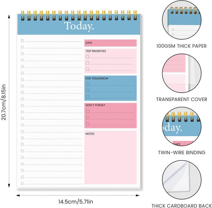 To Do List Notepad - Daily Planner Notepad 104 Pages Task Planner, 6.7" x 9.8" Double Sided Spiral Notebook with Checklist Productivity Planning Pad for Work Office Home-Pink