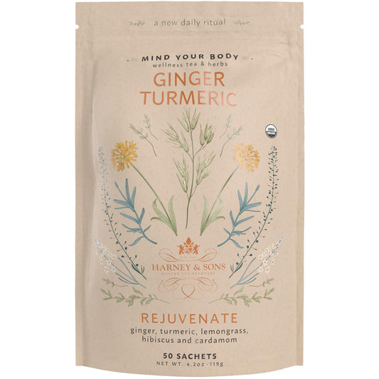 Harney & Sons Organic Ginger Turmeric Herbal Tea Sachets, 50 Count