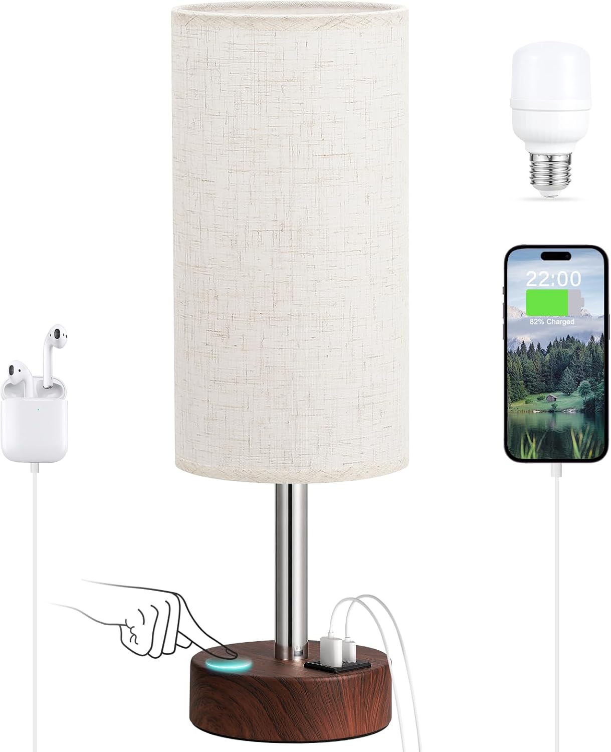 Dicoool Touch Bedside Table Lamp with USB - 3 Way Dimmable Wood Lamp for Bedroom Nightstand, Desk Lamp with Charging Station for Dorm, Living Room, Office, Kids Room, Small, 14in